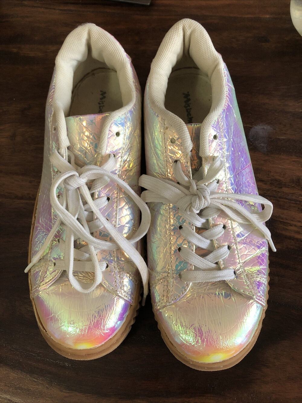 Misbehave Womens Chunky Platform Shoes Sz 7.5 White Iridescent Lace Up
